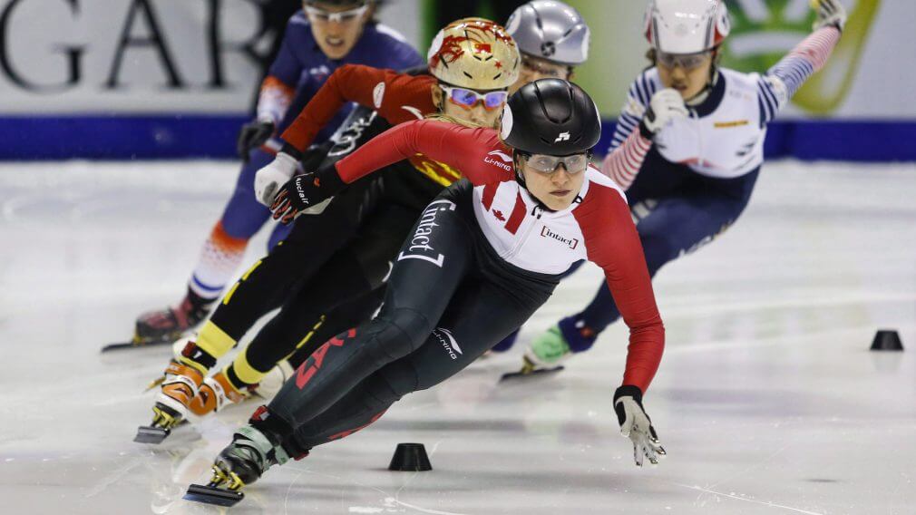 Kasandra Bradette in first place during a short track speed skating competition